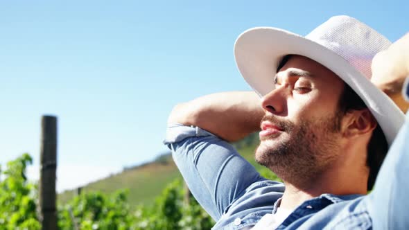 Male farmer relaxing with hands behind back at a vineyard