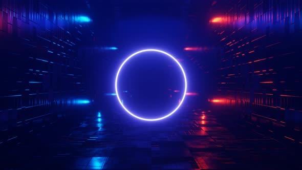 Neon circle flying through an abstract sci-fi endless tunnel