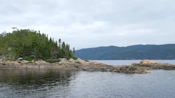 Revealing Island With Trees And Mountains Behind