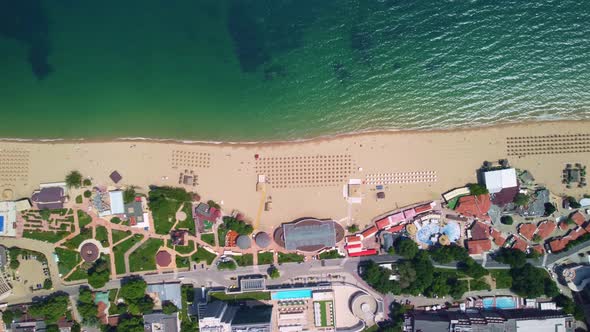 Aerial View of the Beach and Hotels in Golden Sands Zlatni Piasaci