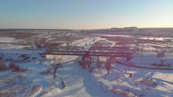 Winter Railway Bridge On Sunset