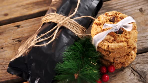 Stack of chocolate cookies and decoration