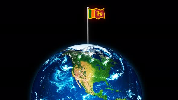 3d Rotated Planet Earth On Flying Sri Lanka Flag Animation