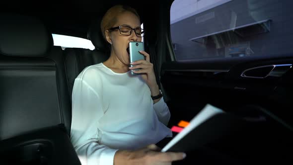 Tired Woman Dozing, Sitting on Backseat of Car, Going to Meeting With Partners