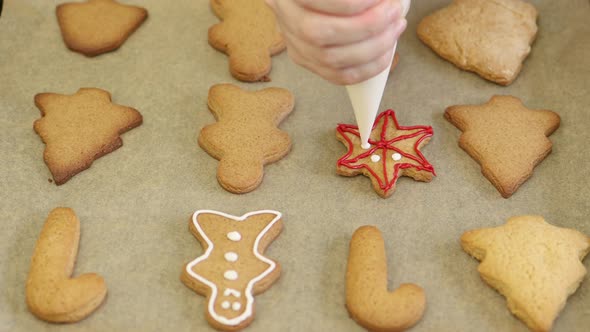Closeup Decoration Homemade Gingerbread Christmas Cookies Food Icing Glaze