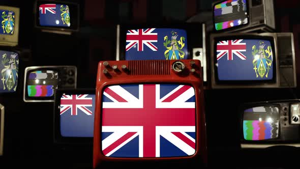 Flag of Pitcairn Islands and UK Flag on Retro TVs.