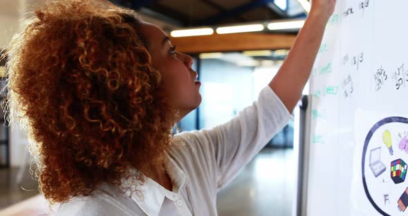 Woman writing on whiteboard and using digital tablet