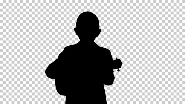 Silhouette Boy walking and playing ukulele, Alpha Channel