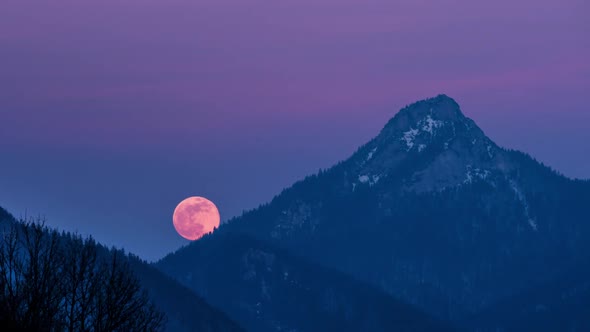Red Full Moon Rising over Mountain Forest in Winter Evening Nature