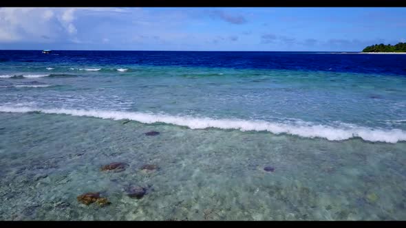 Aerial above tourism of exotic resort beach journey by blue sea with white sandy background of a day