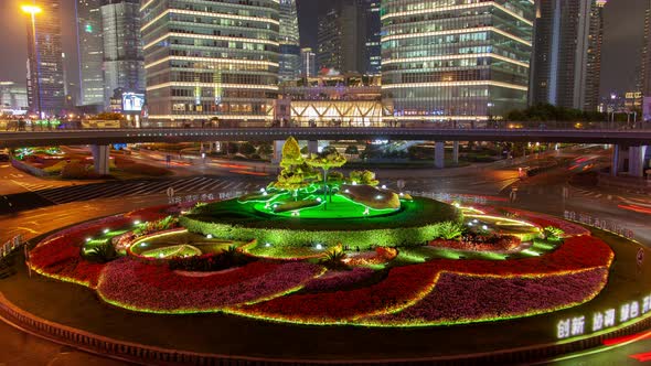 Shanghai Heavy Street Traffic Timelapse at Night Zoom Out