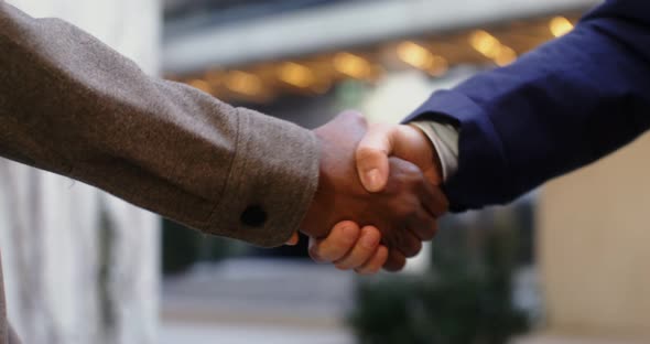 Two Men Shake Hands in Informal Communication Standing Outdoors