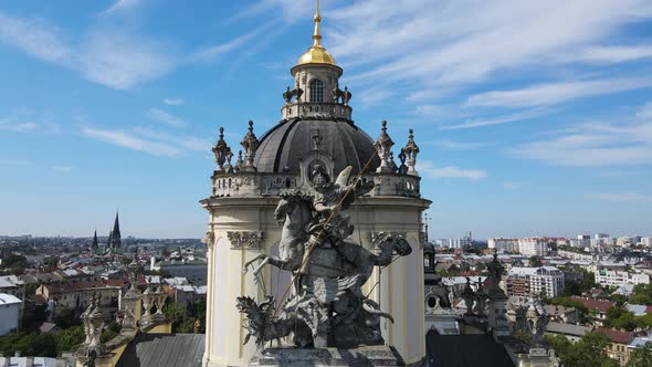 Aerial Shot The City Of Lviv. Temple Of St.Architectural Cathedral Of Saint Jur. Ukraine