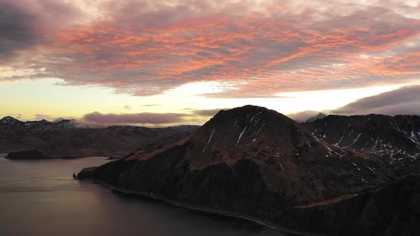 Aerial view of Dutch Harbour at sunset, Unalaska, Alaska, United States.