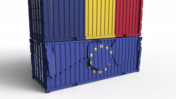 Container with Flag of Romania Breaks Container with Flag of the EU