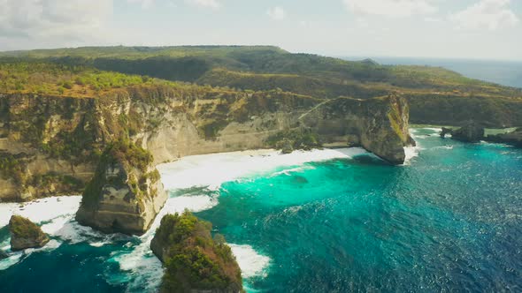 Aerial View on Diamond Beach at the Bottom of a Cliff, Nusa Penida, Bali, Indonesia. Aerial View 