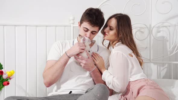 A Beautiful Couple of Young Lovers Holding a Small White Kitten Sitting in Bed