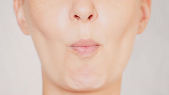 Close Up Face Young Woman Eating Toast