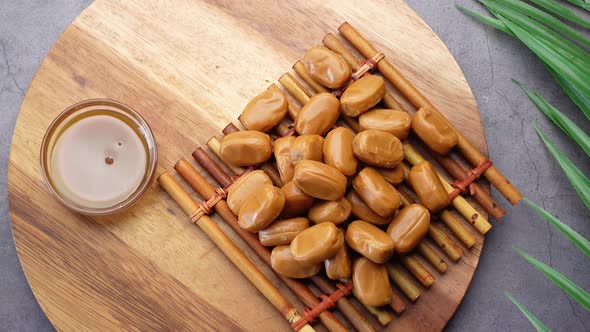 Caramel Chocolate Bar and Liquid on Table Top View