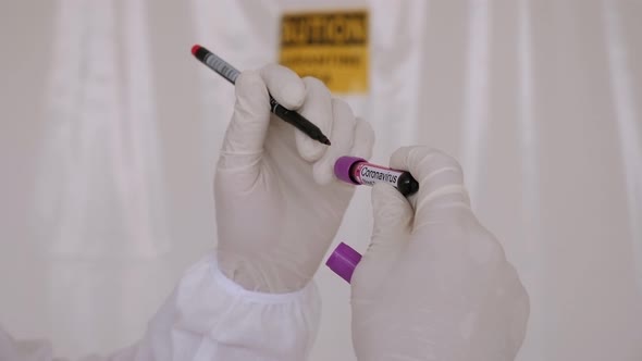 Closeup of Doctors in Protective Suits Examining Blood Tests for Coronavirus