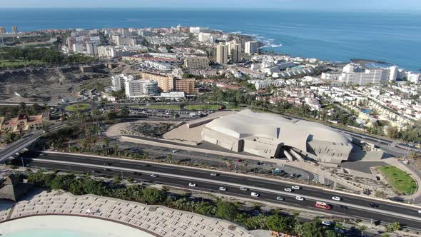 Aerial view of Magma Art and Congress Center in Costa Adeje, Tenerife, Spain