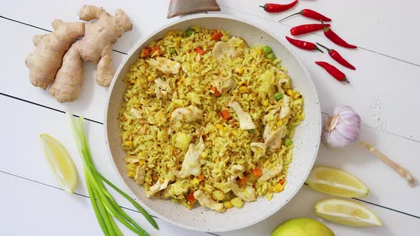 Delicious Fried Rice with Chicken and Vegetables Served in Pan