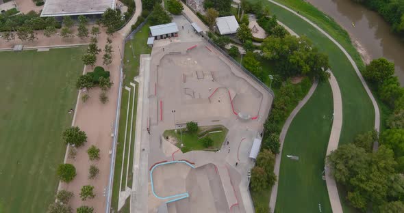 Birds eye view of Lee and Joe Jamail Skatepark across from downtown Houston. This video was filmed i