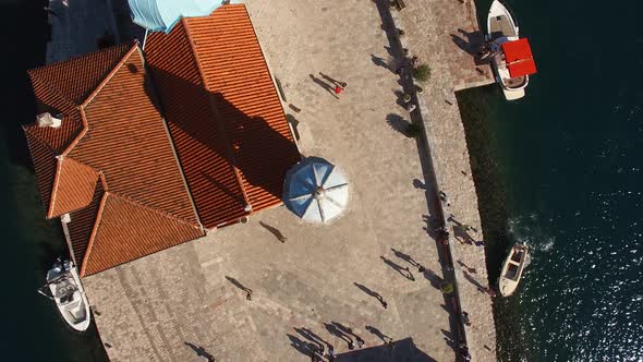 Drone View of the Church of the Our Lady of the Rocks on a Small Island