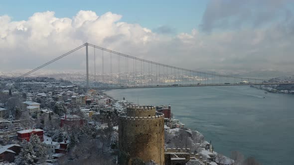 Aerial view of Rumeli Hisari ruins on hilltop, Istanbul, Turkey.