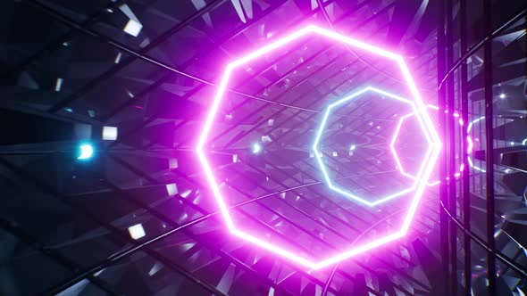 Vj Glowing Octagon Neon Tunnel Cages 4K Loop