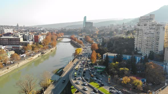 Aerial Timelapse shooting of Tbilisi. Galaktion Tabidze Bridge. Georgia