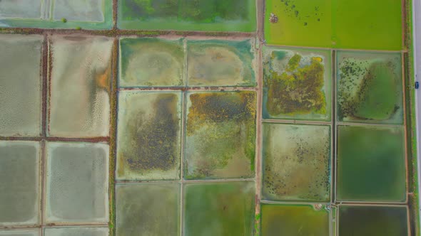 An aerial view of salt production at Mae Klong, Samut Songkhram, Thailand