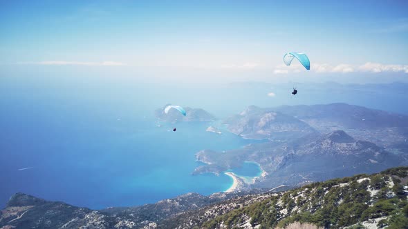 Drone view on world famous paragliding spot in Oludeniz, Fethiye, Turkey