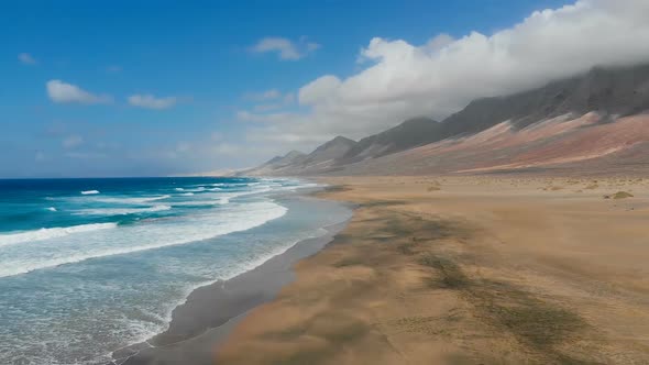 Drone flying over  Beautiful Cofete Beach In Canary Islands