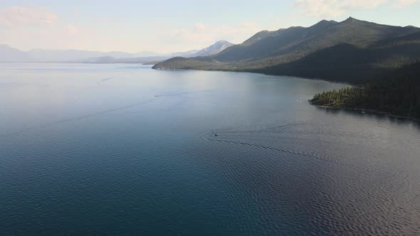 Drone flying over Rubicon Bay flying in the direction of South Lake Tahoe.