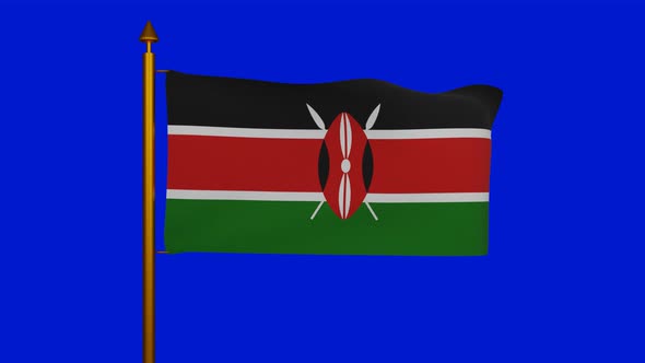 National flag of Kenya waving with flagpole on chroma key, Republic of Kenya flag textile