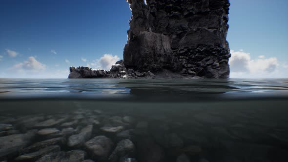 Ocean Seascape with Sky and Ocean Wave Splitted By Waterline to Underwater Part