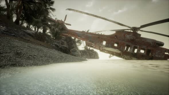 Old Rusted Military Helicopter Near the Island