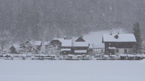 Snowfall over the village of Hallstatt