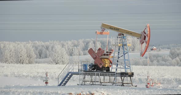 Oil Rig on Close-up Works in Harsh Conditions