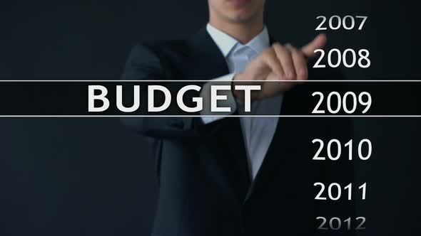 2014 Budget, Businessman Selects File on Virtual Screen, Annual Financial Report