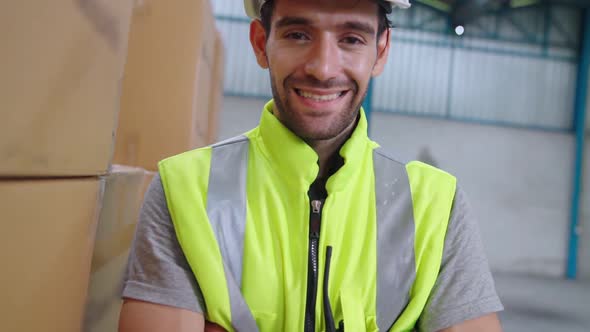 Professional Industry Worker Close Up Portrait in the Factory or Warehouse