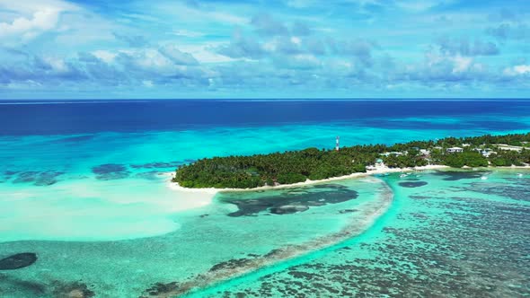Aerial top down tourism of tropical lagoon beach time by shallow water with white sandy background o