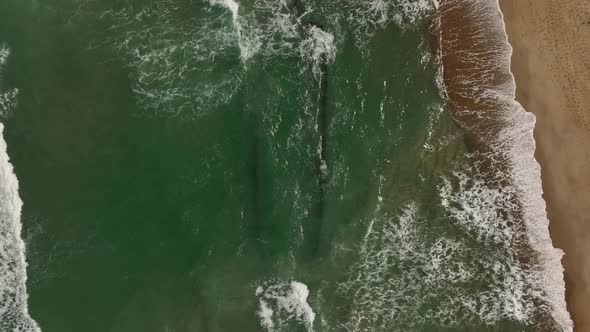 Waves break on sandy beach shoreline