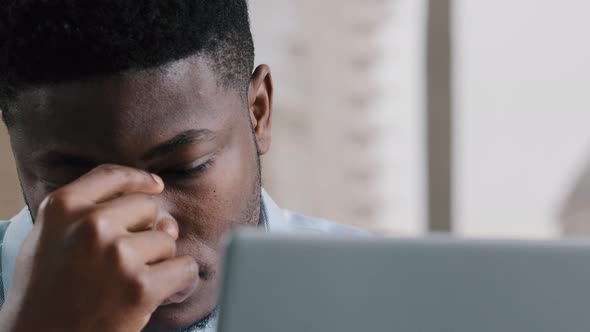 Tired Exhausted African Businessman American Overworked Nervous Guy Massaging Irritable Eyes Having