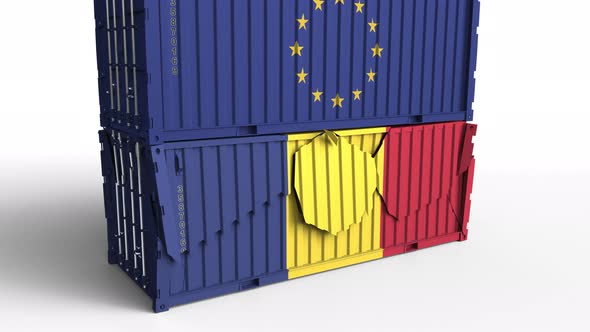 Container with Flag of the EU Breaks Container with Flag of Romania