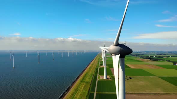 Windmill Park in the Ocean Drone Aerial View of Windmill Turbines Generating Green Energy Electric