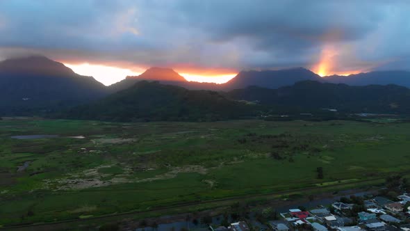 Aerial of Sunset Behind Mountains Around Kailua in Hawaii