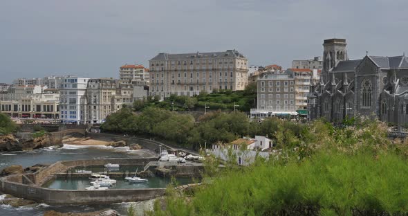 Biarritz, the old harbour  and Saint Eugenie church,  the Basque country, France