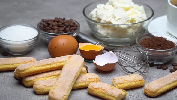 Ingredients for Cooking Tiramisu - Savoiardi Biscuit Cookies, Mascarpone, Cream, Sugar, Cocoa